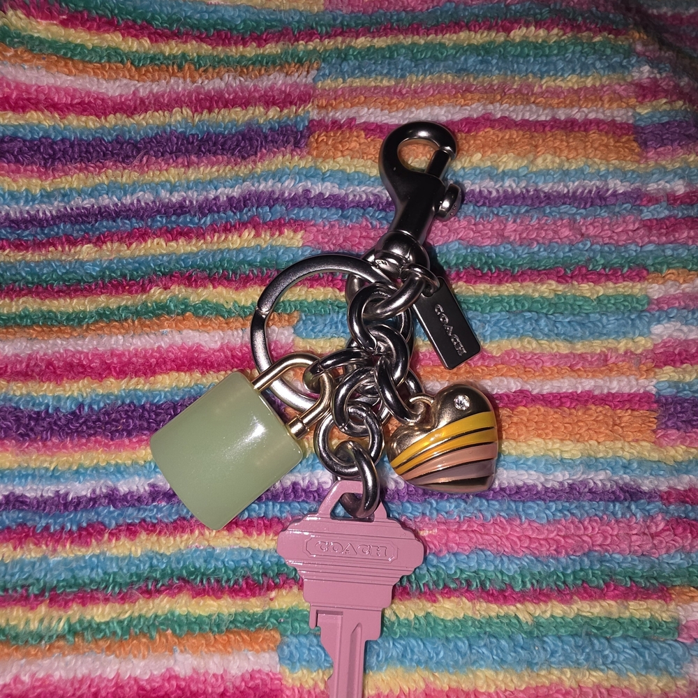 Coach Pink Key Charm with Green Lock and Yellow-Striped Heart - Picture 2 of 6